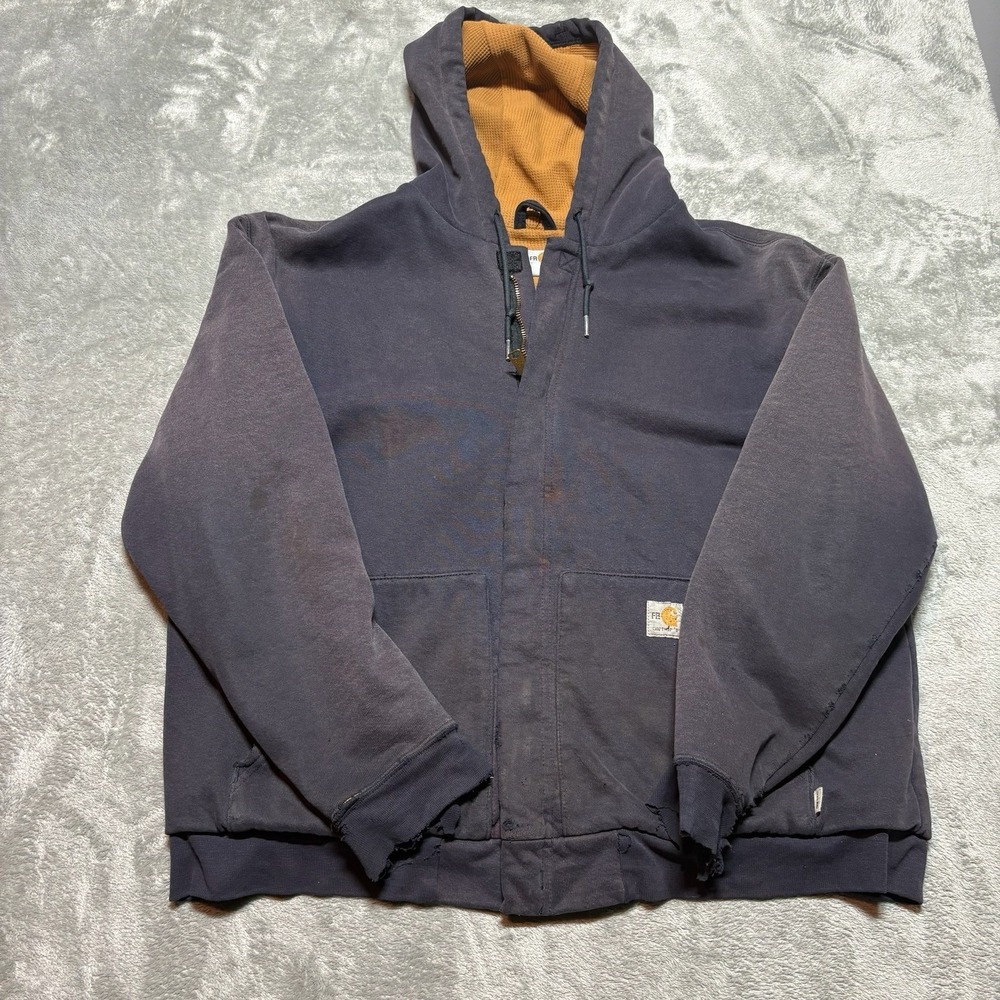 VTG Carhartt FR Distressed Hooded Jacket Mens L Black Thrashed Faded Sun Faded